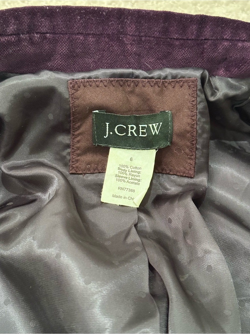 J.Crew Velvet Schoolboy Blazer Size 6 Plum Purple Eggplant 100% Cotton - Picture 3 of 8